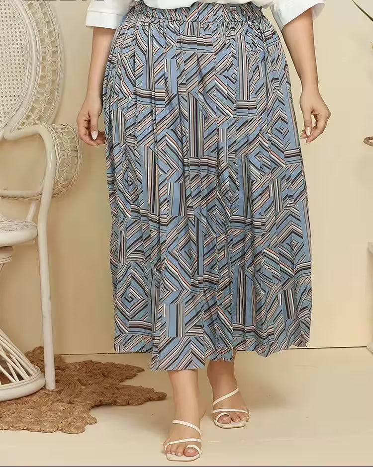 Plus Size Geometric Print Pleated Maxi Long Skirts - Additional View 2