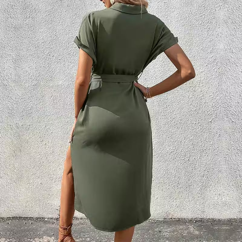 New Style Shirt Lapel Lace Solid Color Dress - Additional View 3