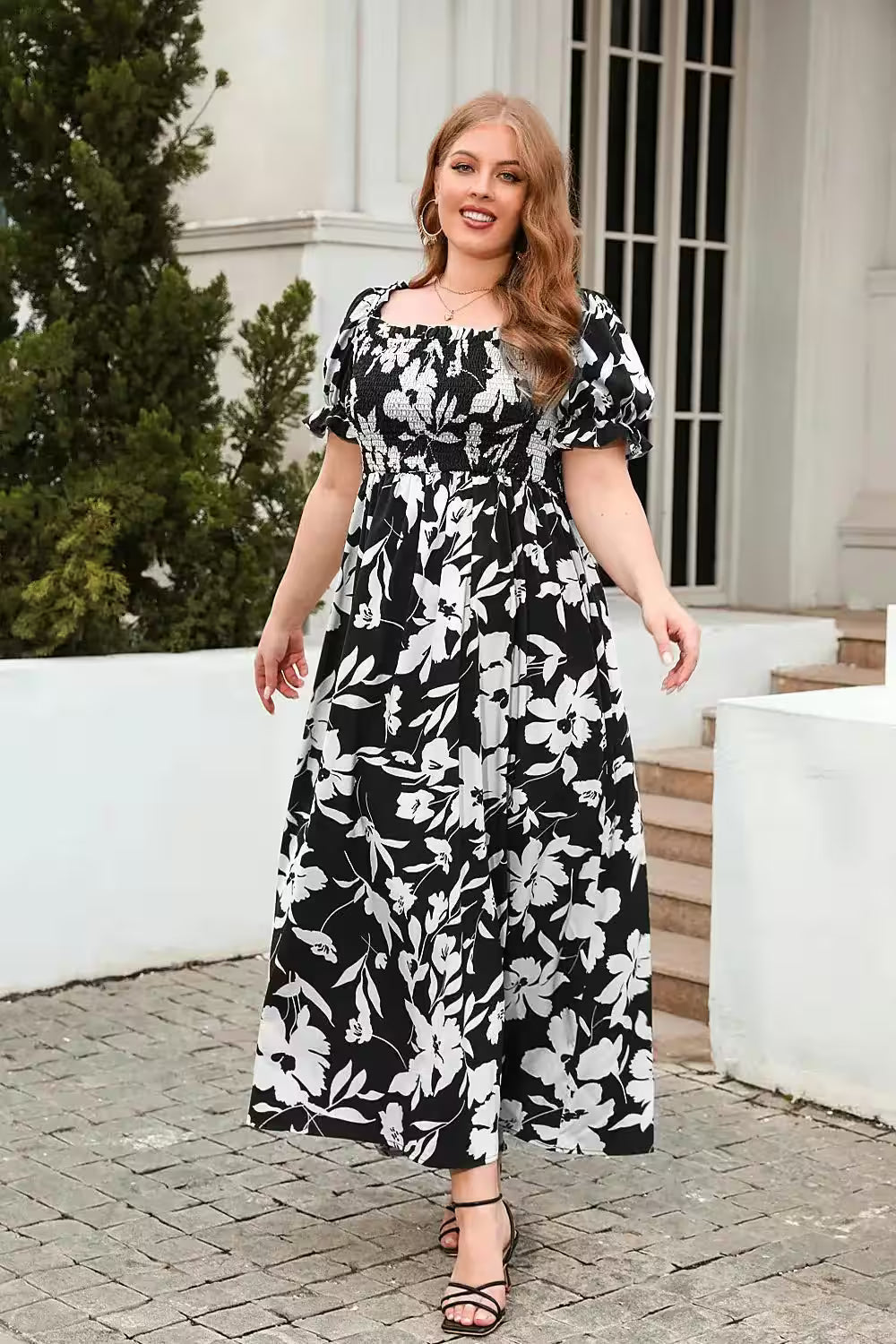 Plus Size Square Collar Dress Floral Print Fashion - Additional View 6