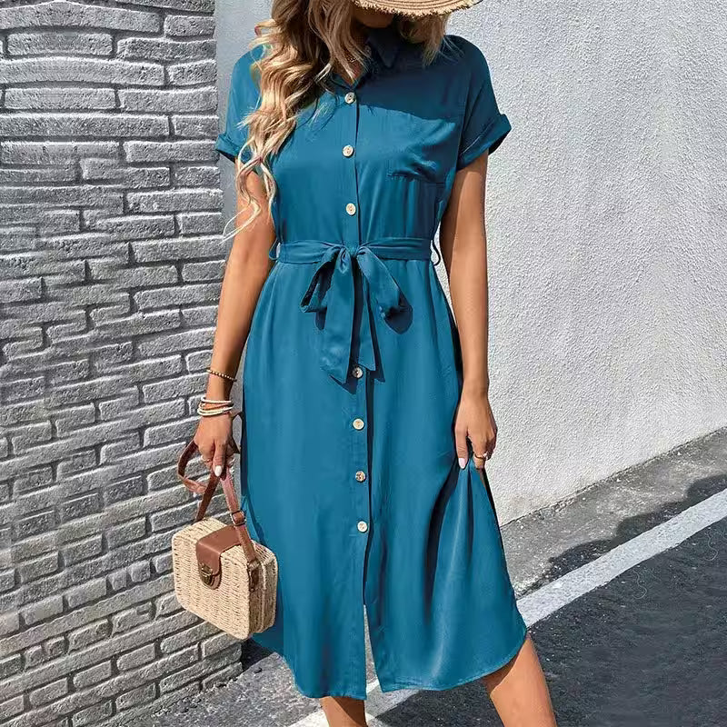 New Style Shirt Lapel Lace Solid Color Dress - Additional View 2