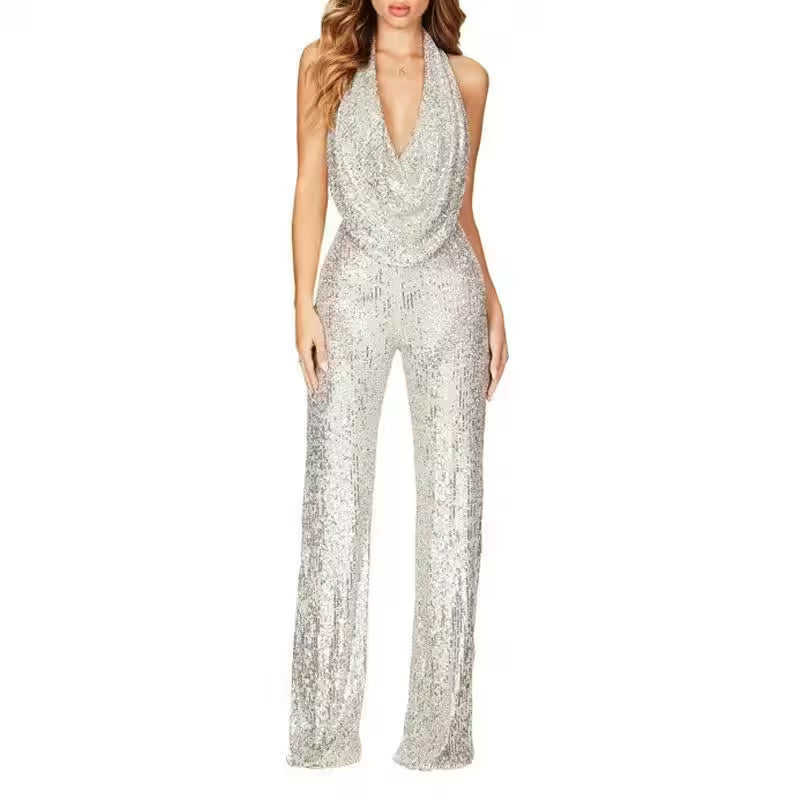 Sexy Folds Deep V-neck Sequin Jumpsuits Slim - Additional View 15
