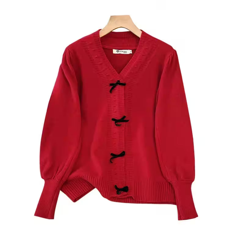 Plus Size Bust 150kg Spring  Loose V-Neck Bow Sweater - Additional View 3