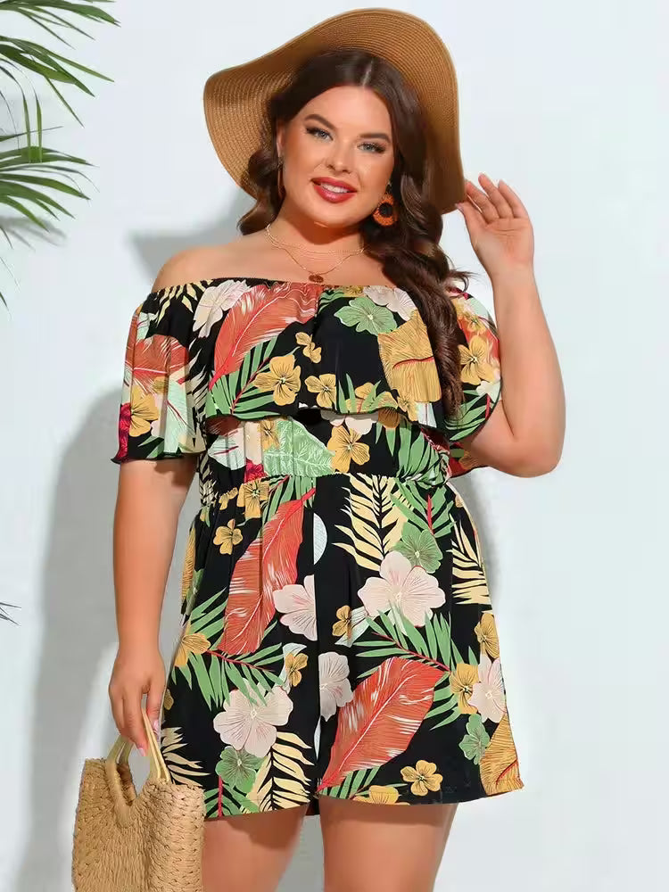 Plus Size Floral Print Off Shoulder Jumpsuit - Additional View 4