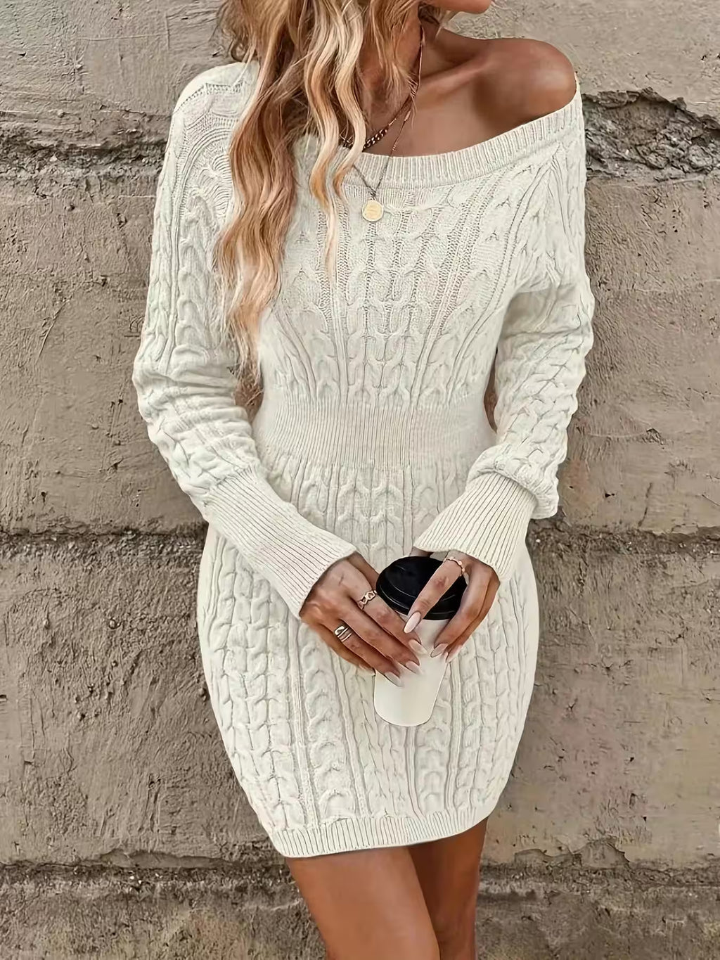 Versatile crewneck knitted knit pullover sweater dress - Additional View 3