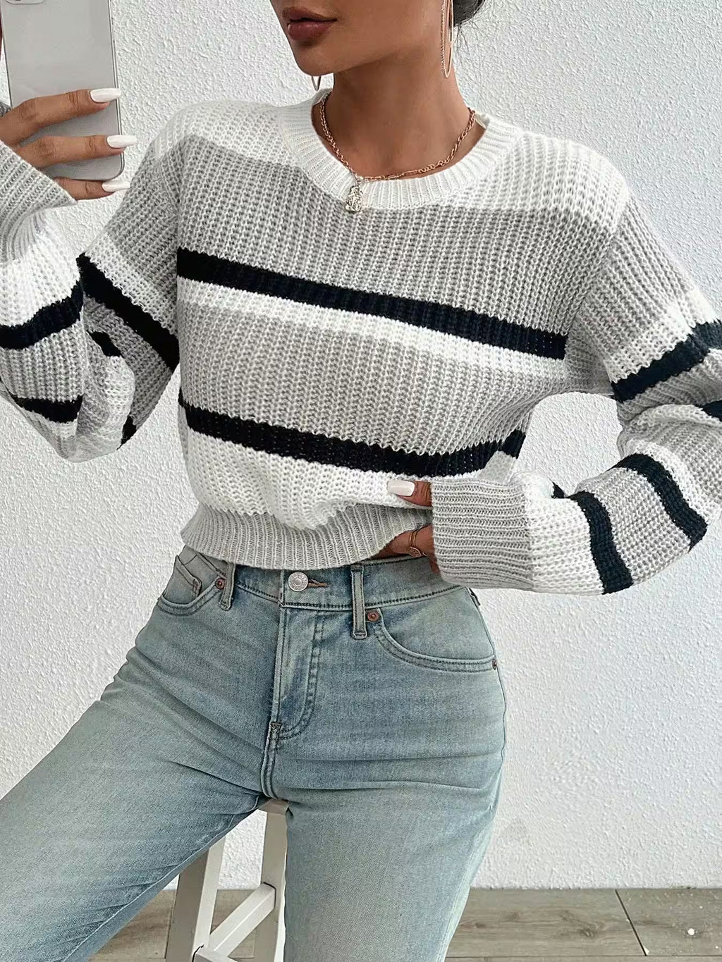 Mini Dresses - Sweater new acrylic loose drop shoulder round neck for Women