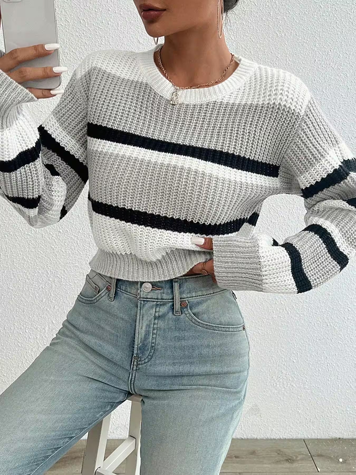 Mini Dresses - Sweater new acrylic loose drop shoulder round neck for Women