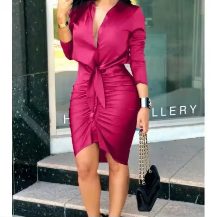Dresses - Dress Casual Solid Color Long Sleeved Versatile for All Seasons