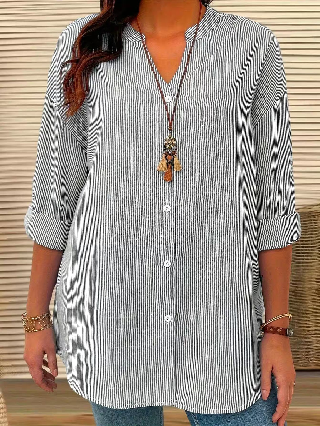 Plus Size Casual Shirt Office Lady Stripe Curve Clothing - Additional View 6