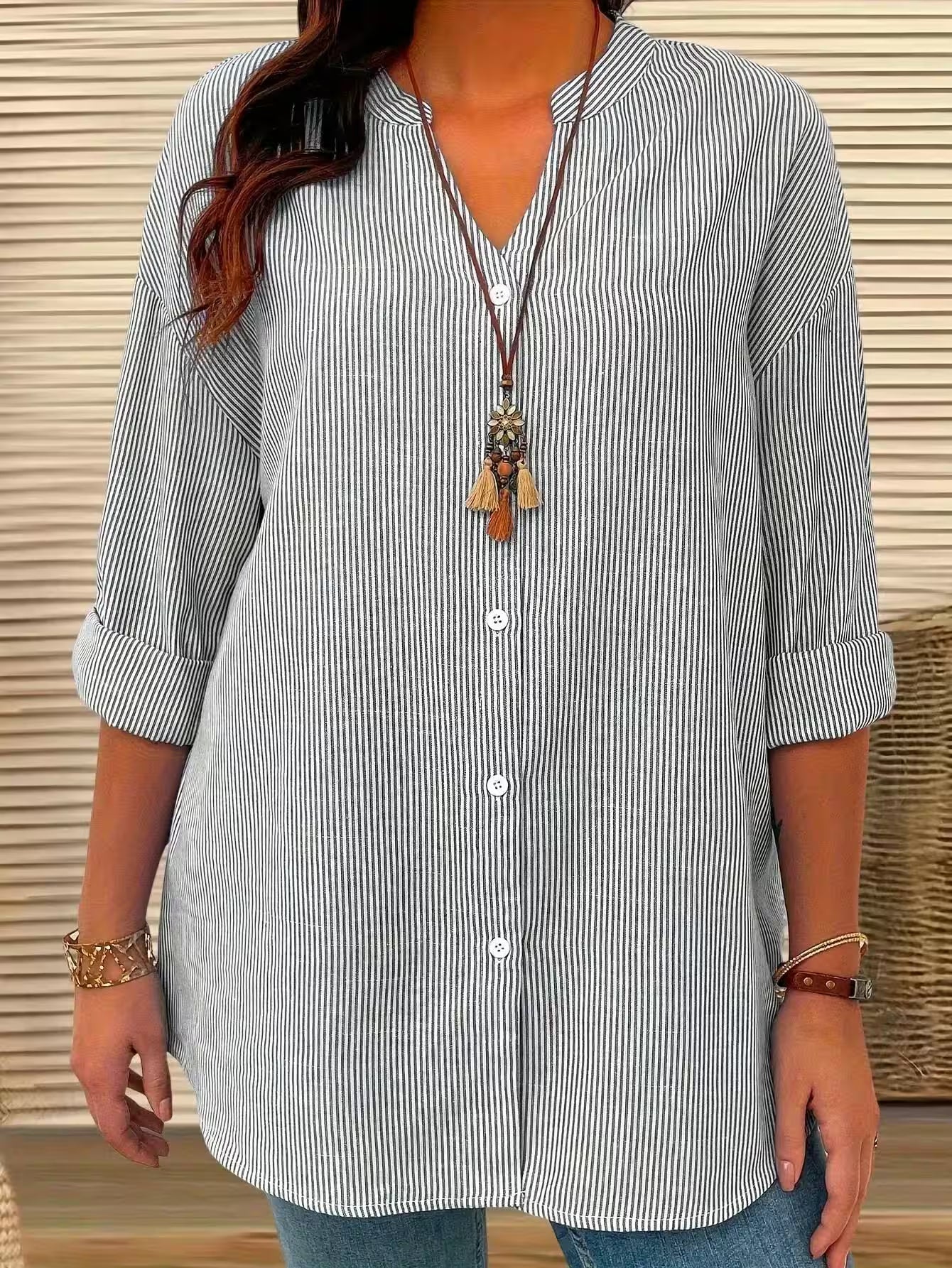 Plus Size Casual Shirt Office Lady Stripe Curve Clothing - Additional View 6