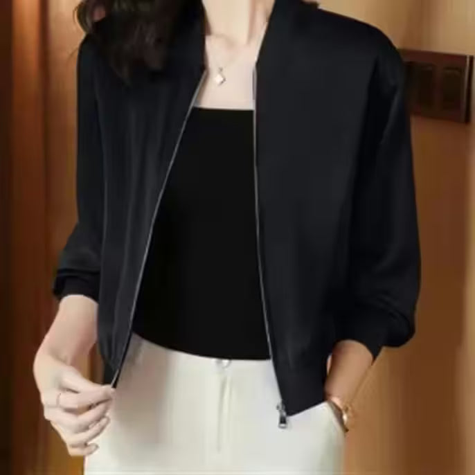 Coat Short - silk-short-jacket-woman-coat-loose-satin-outwear-solid-color-cloth-zip-baseball-jacket-spring-autumn-clothes-thin-female-jacket