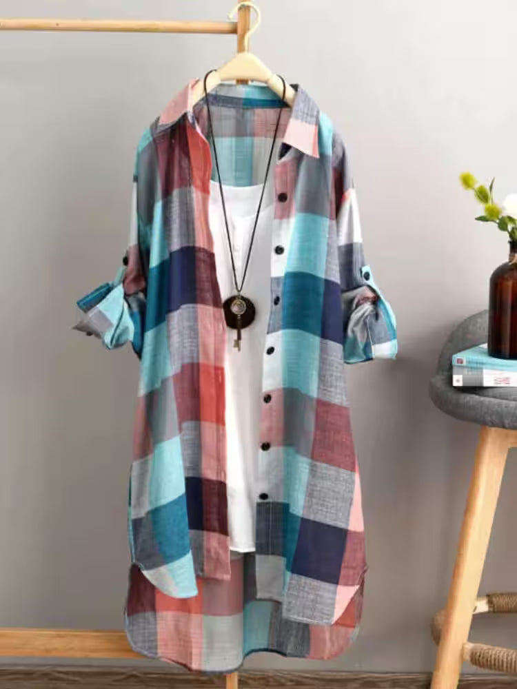Tops - Plus Size Loose Plaid Blouse Cotton Shirt Style Outwear for Women