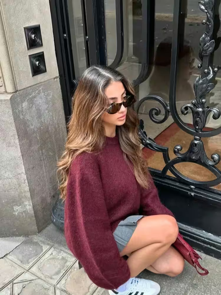 Elegant Fuchsia Full Sleeve O Neck Sweater Lady Fashion - Women's Fashion - View 4