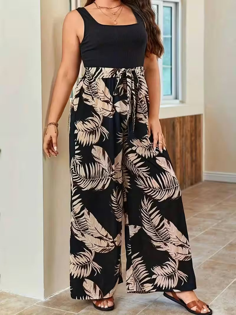 Plus Size Tropical Print Casual Belted Jumpsuit - Additional View 5