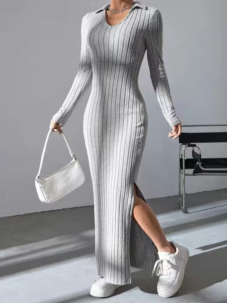 Dresses - Sexy knit V-neck reverse neck split dress autumn winter