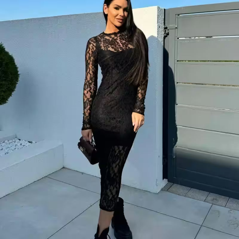 Hollow Out Lace Party Dress Fashion Sexy Printing Slim - Additional View 3
