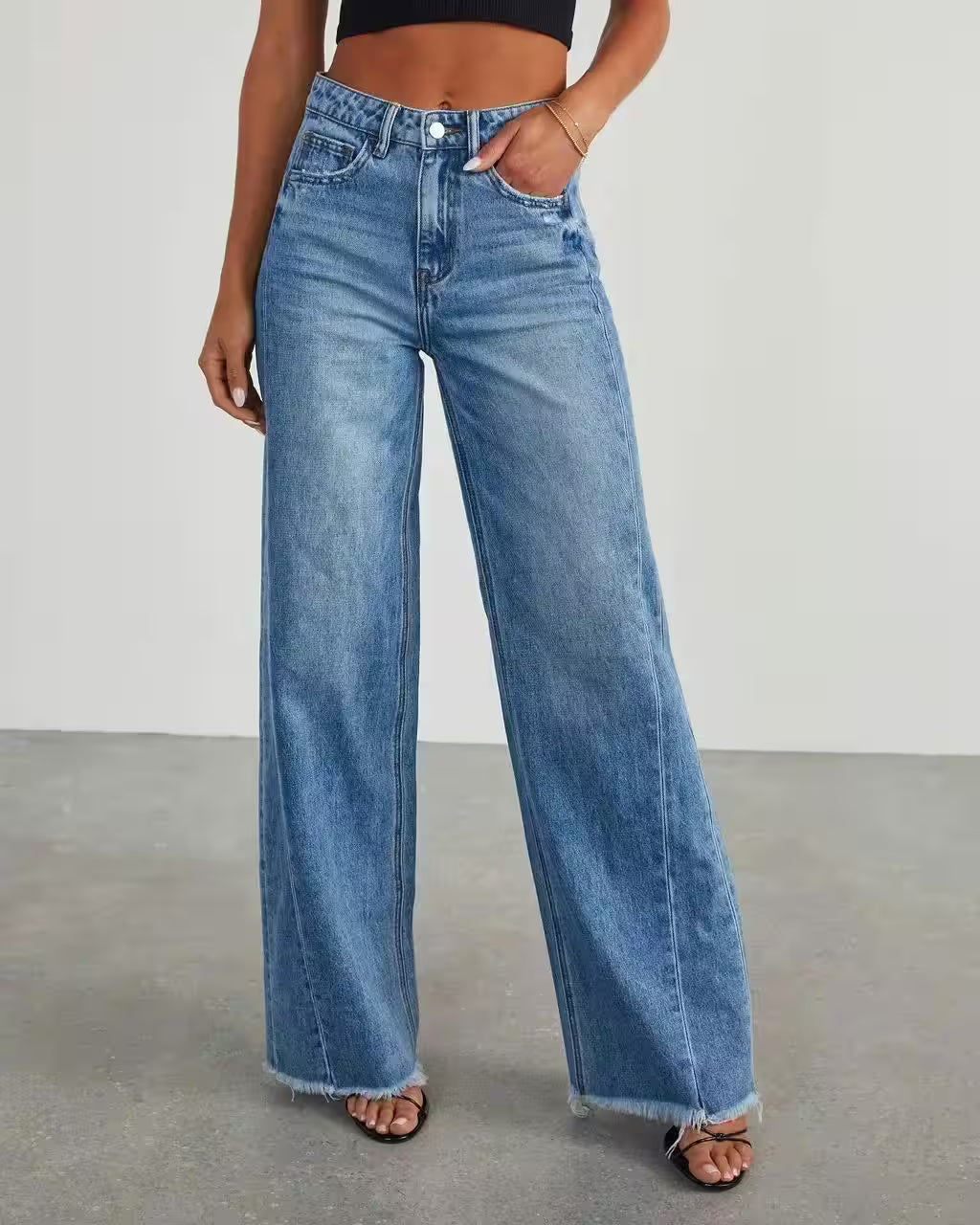 Wide Leg Side Seam Stitching Frayed Hem Jeans - Additional View 6