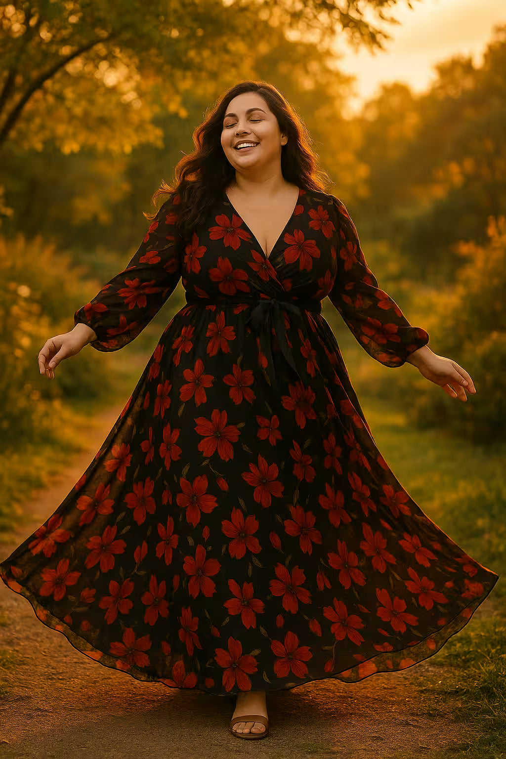 Plus Size Floral Print Belted Dress Spring - Women's Fashion - View 3
