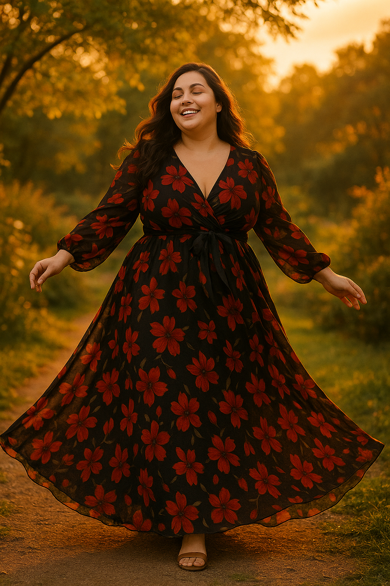 Plus Size Floral Print Belted Dress Spring