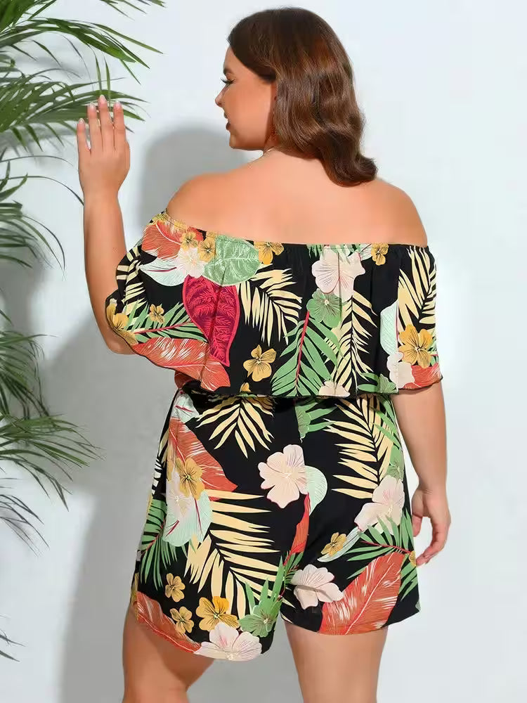 Plus Size Floral Print Off Shoulder Jumpsuit - Additional View 2