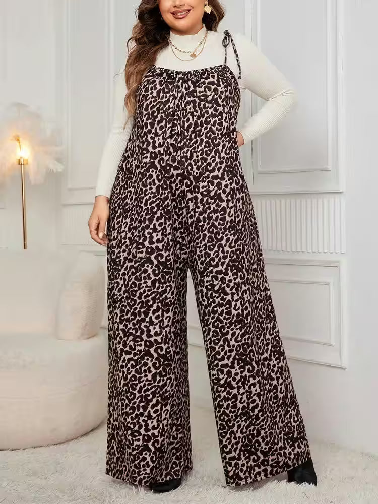 Plus Size Leopard Print Tie Shoulder Jumpsuits - Additional View 4