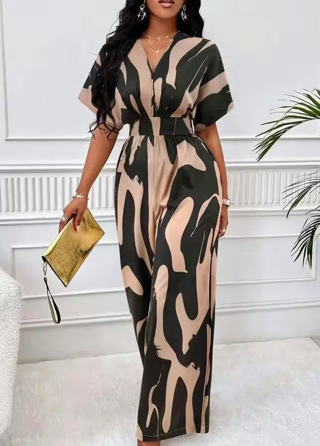 Casual Wide Leg Print V-neck Short Sleeve Jumpsuits - Women's Fashion - View 9