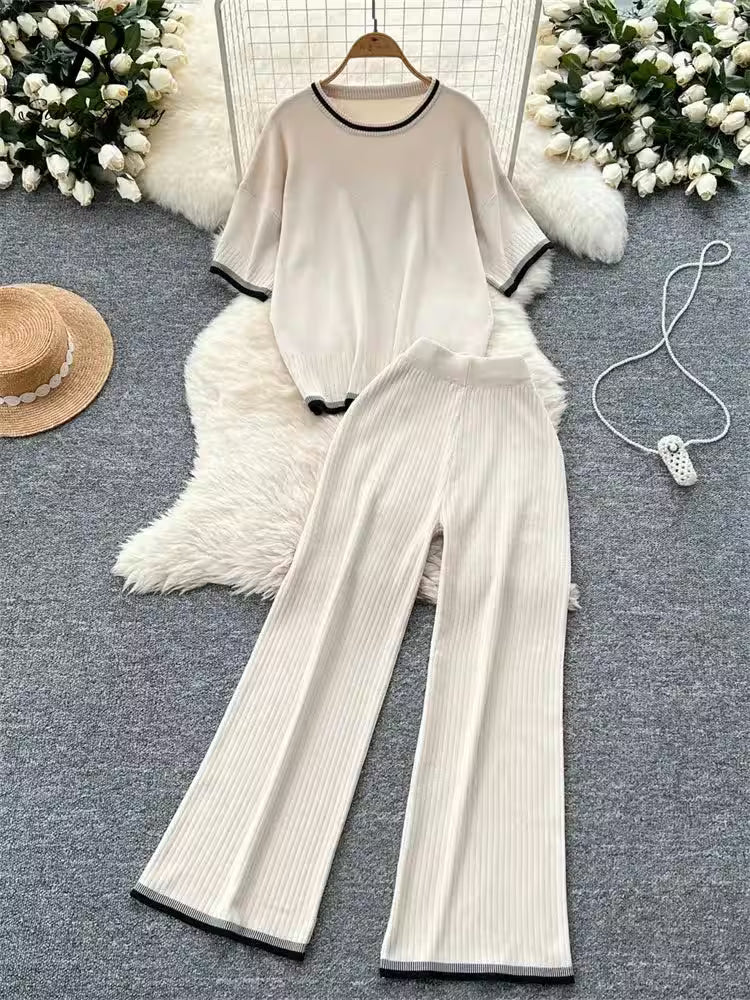 Short Sleeves Loose Top+High Waist Wide Legs Pants - Additional View 4