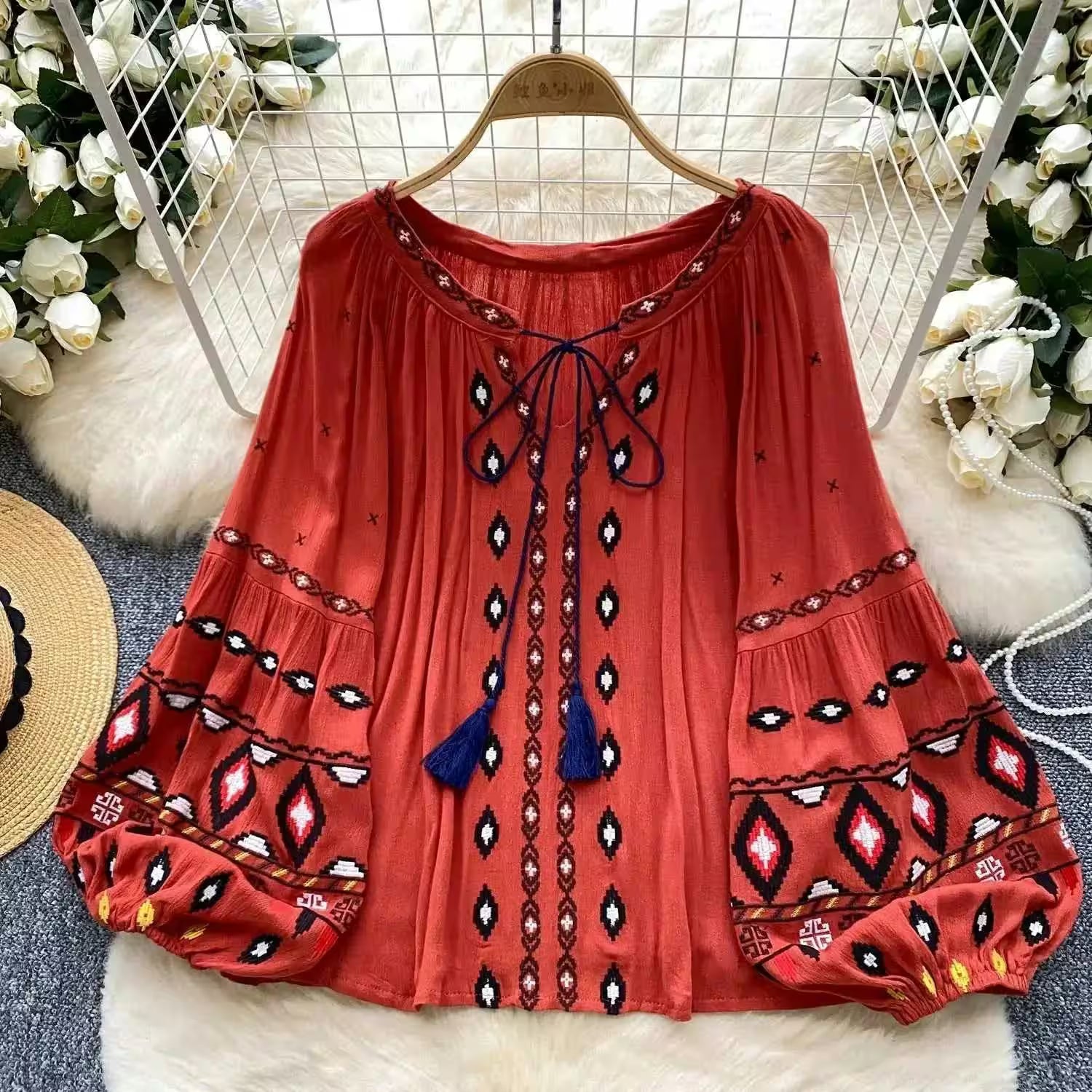 Tops - Chic Casual Puff Embroidered Lantern Sleeve Long for Women