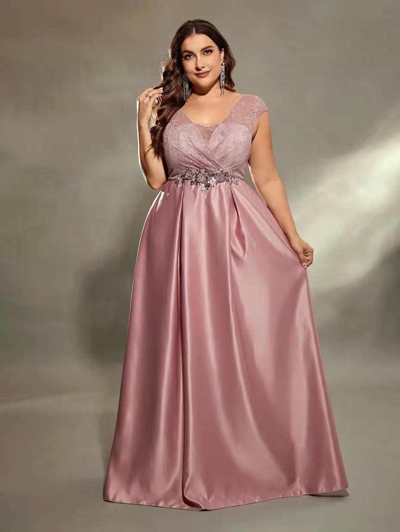 Dresses - Plus-size hollowed-out shoulder lace chest dress for Women