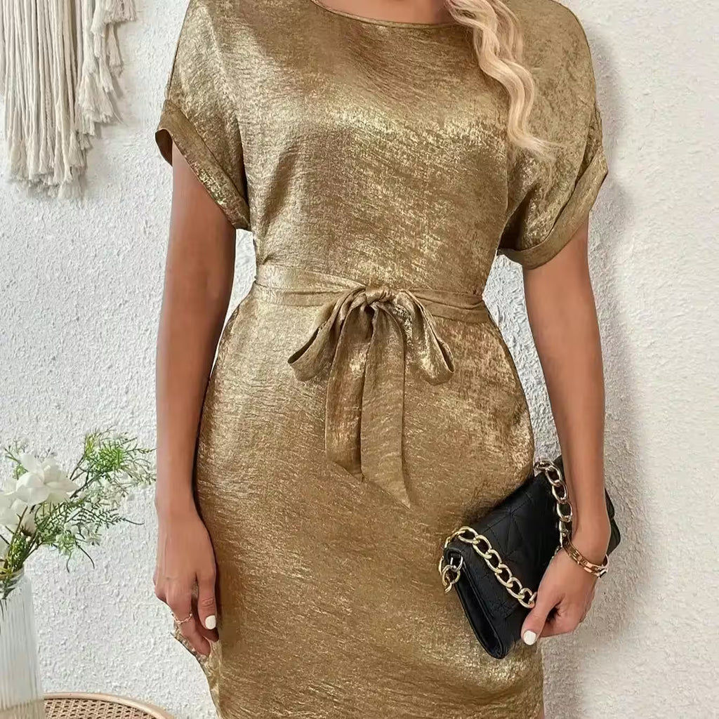 Dress Elegant small, round neck, short sleeve, belt casual - Additional View 7