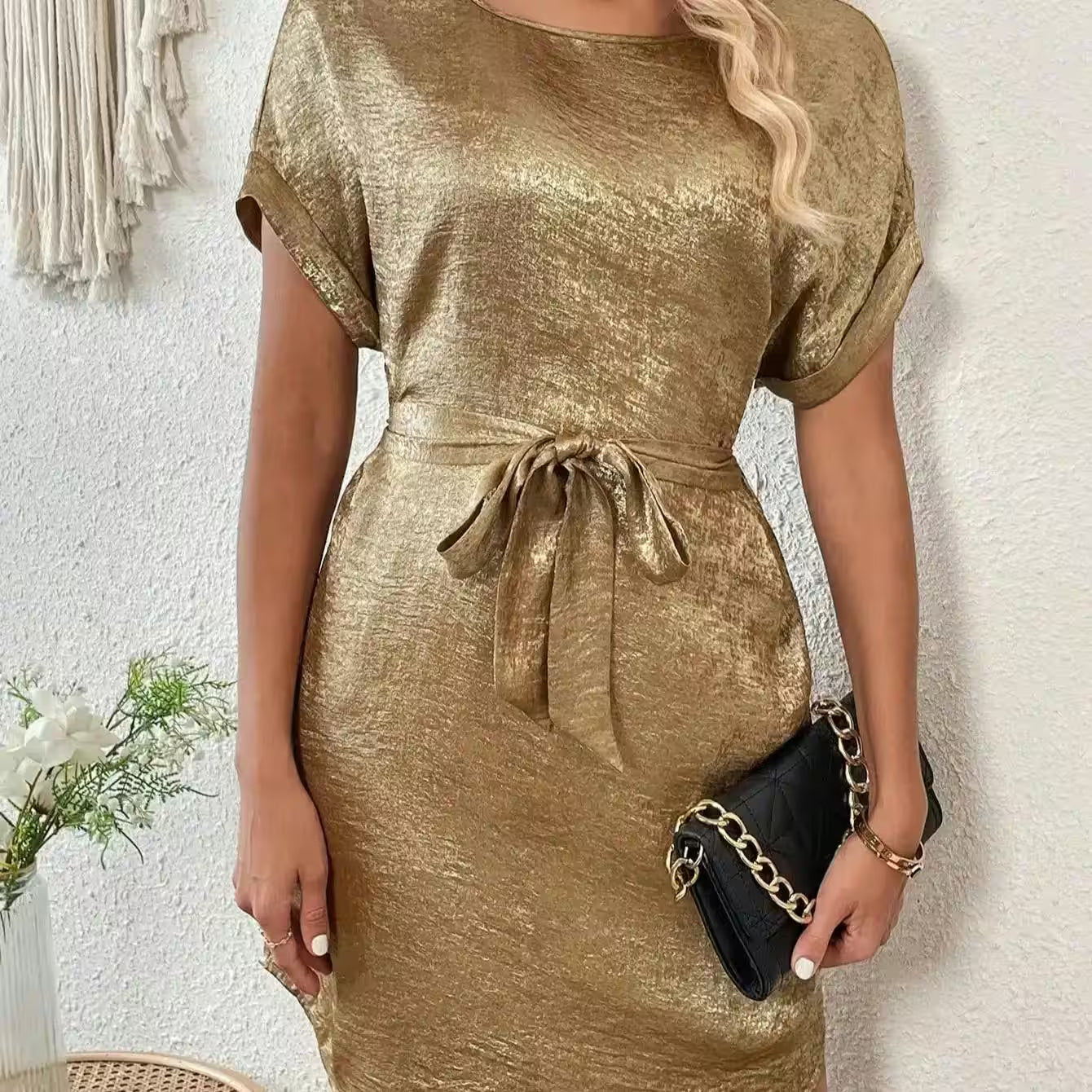 Dress Elegant small, round neck, short sleeve, belt casual - Additional View 7