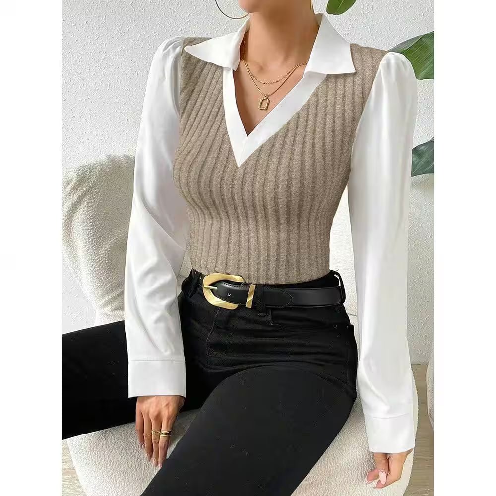 Shirt Long Sleeve V Neck Collar Slim Fit Blouses - Additional View 4
