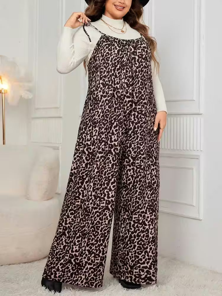 Plus Size Leopard Print Tie Shoulder Jumpsuits - Additional View 3