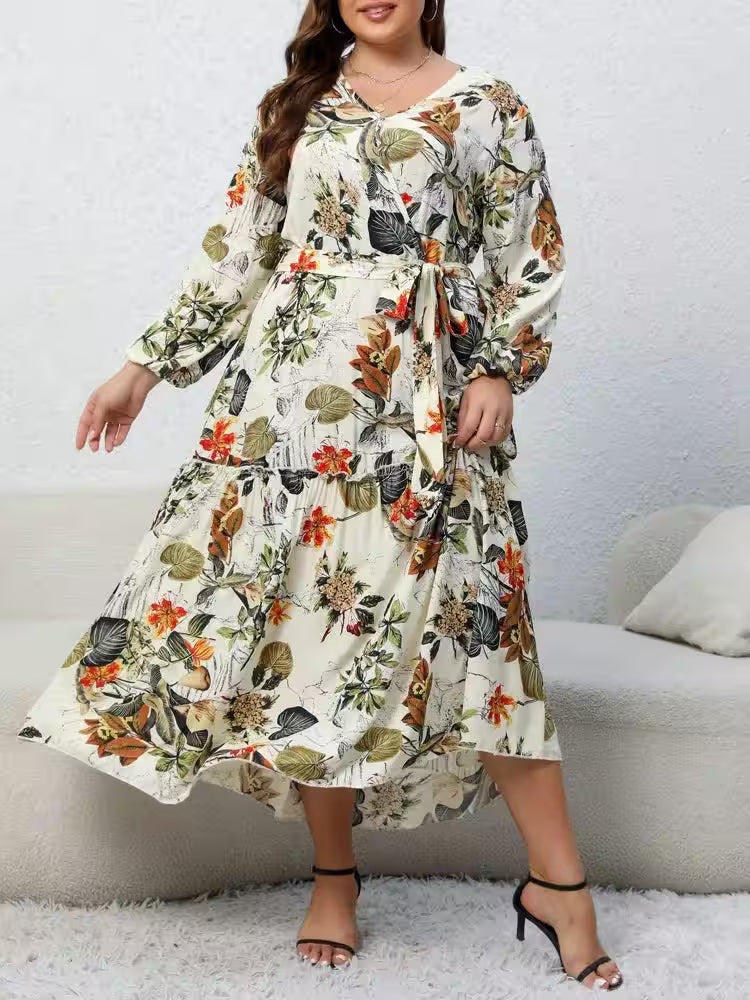 Plus Size Floral Print Belted Dress Spring - Women's Fashion - View 6