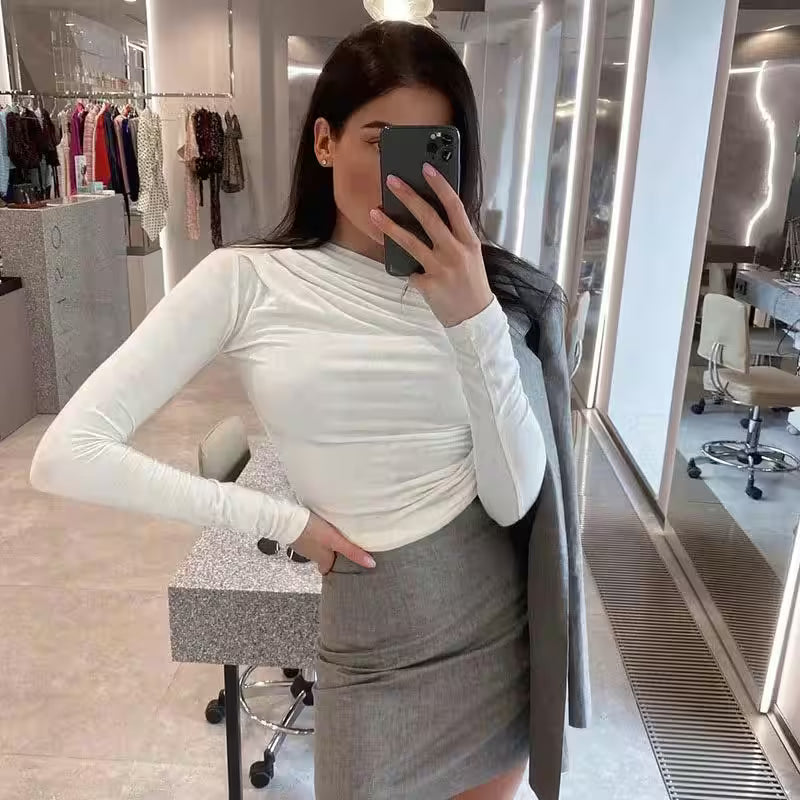 T-Shirts Basic Crop Top Autumn Pollover Solid Skew Neck - Additional View 2