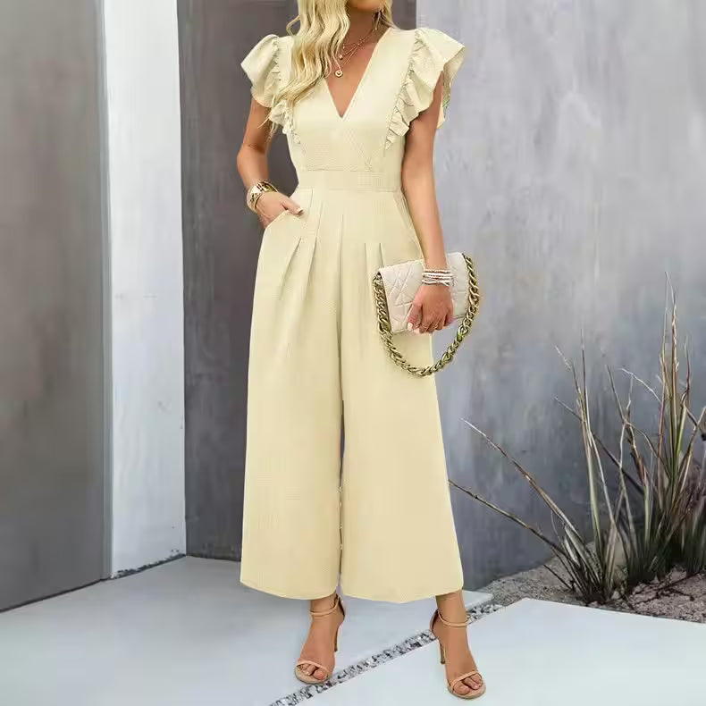 Bottoms - V-neck Flying Sleeves High-waisted Wide-leg Pants Jumpsuit