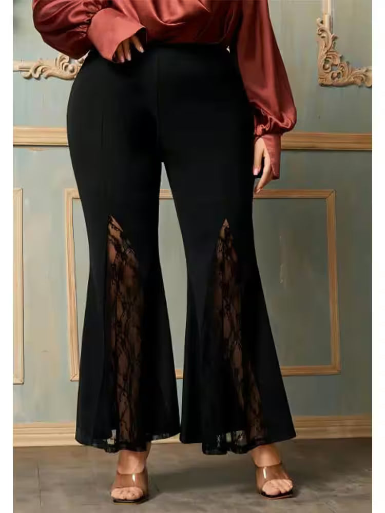 Tops - Plus Size Casual Black High Waist Lace Flare Leggings Sexy