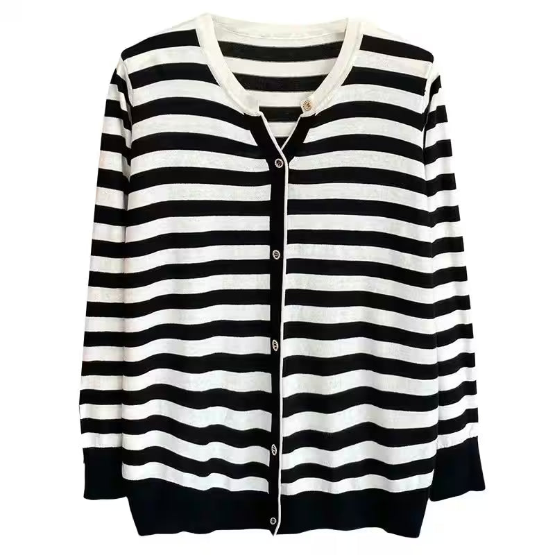 Plus Size  V-Neck Stripe Knitted Pullover - Additional View 5