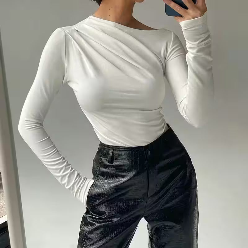 Tops - T-Shirts Basic Crop Top Autumn Pollover Solid Skew Neck