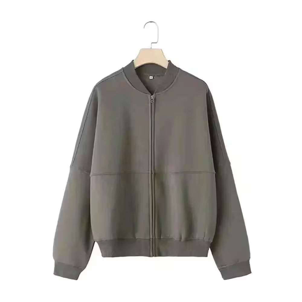 2-piece Retro Solid Color Zipper Bomber Jacket - Additional View 5