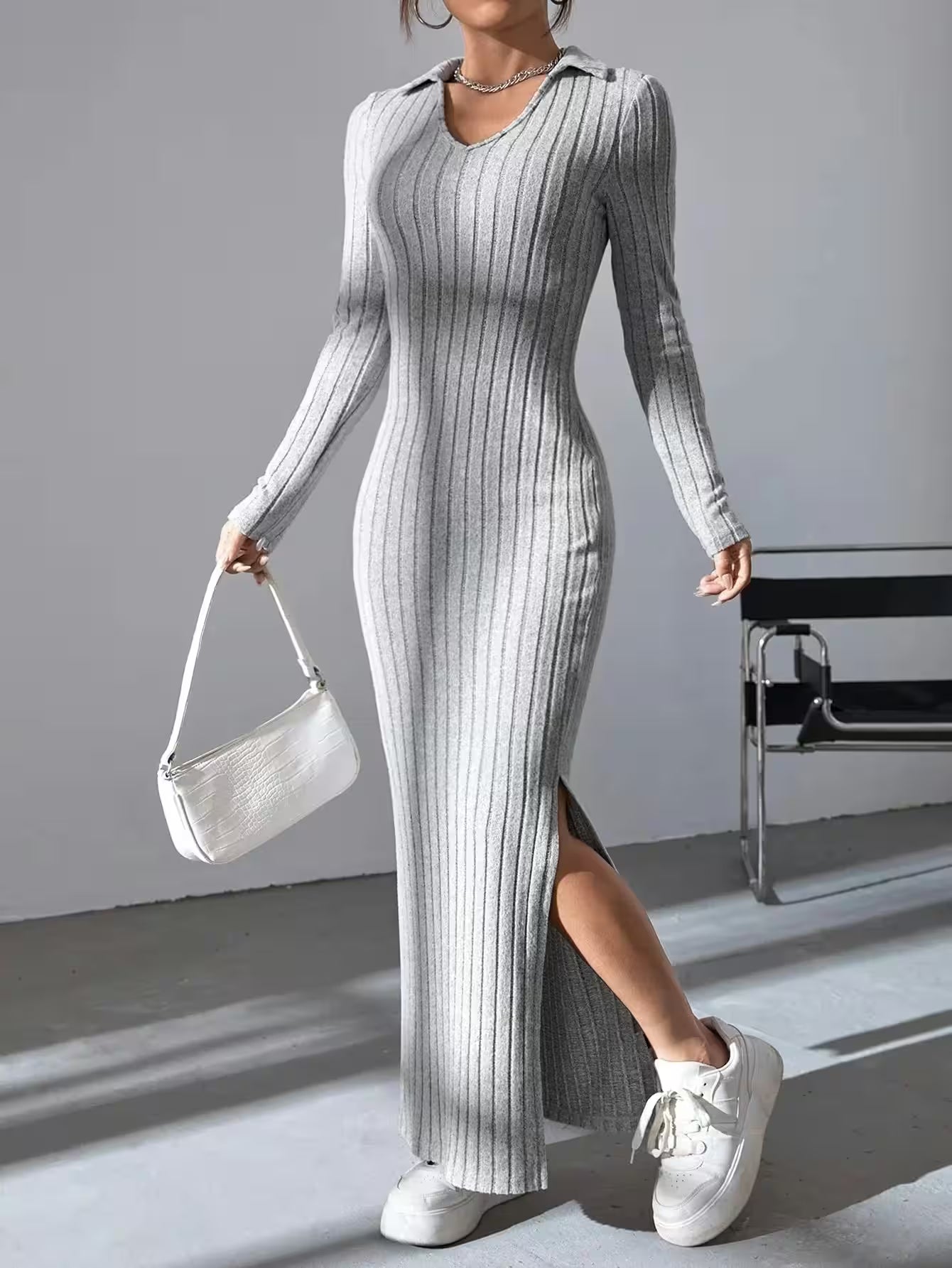 Sexy knit V-neck reverse neck split dress autumn winter - Additional View 9
