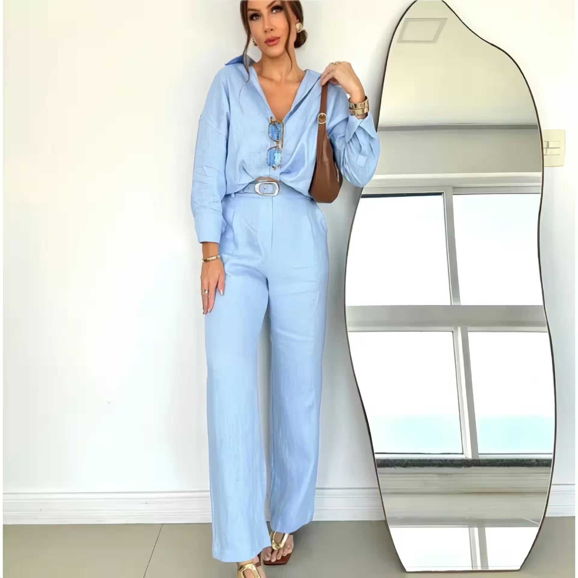 Tops - Shirt Top + Pocket High Waist Trousers Spring Autumn Set