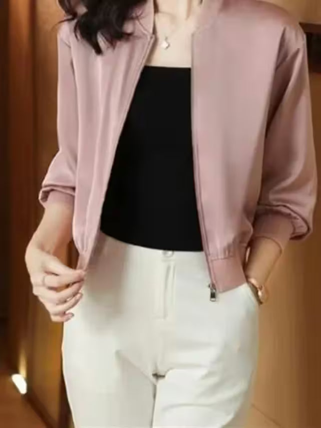 Coat Short - silk-short-jacket-woman-coat-loose-satin-outwear-solid-color-cloth-zip-baseball-jacket-spring-autumn-clothes-thin-female-jacket