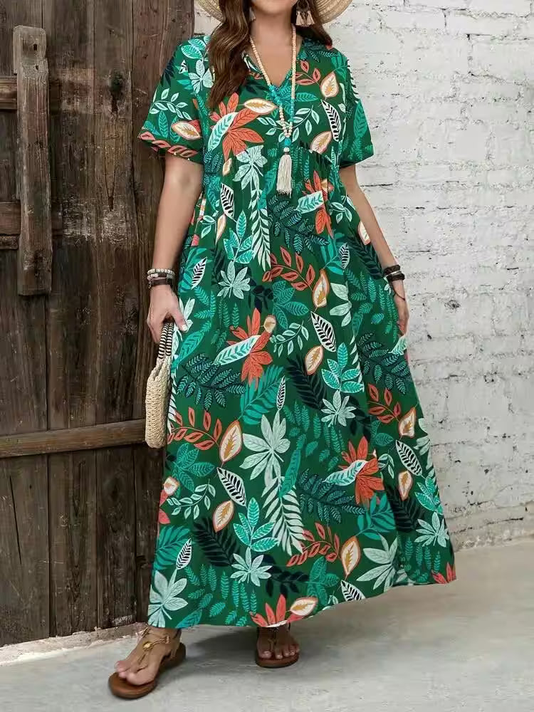 Plus Size Dress Spring New Printed V-neck - Additional View 3