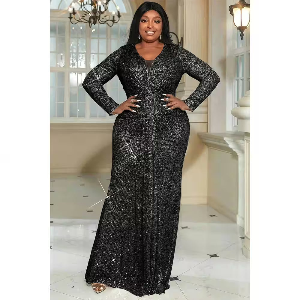 Dresses - Plus Size Black Formal V-Neck Sequin Maxi Dress for Women