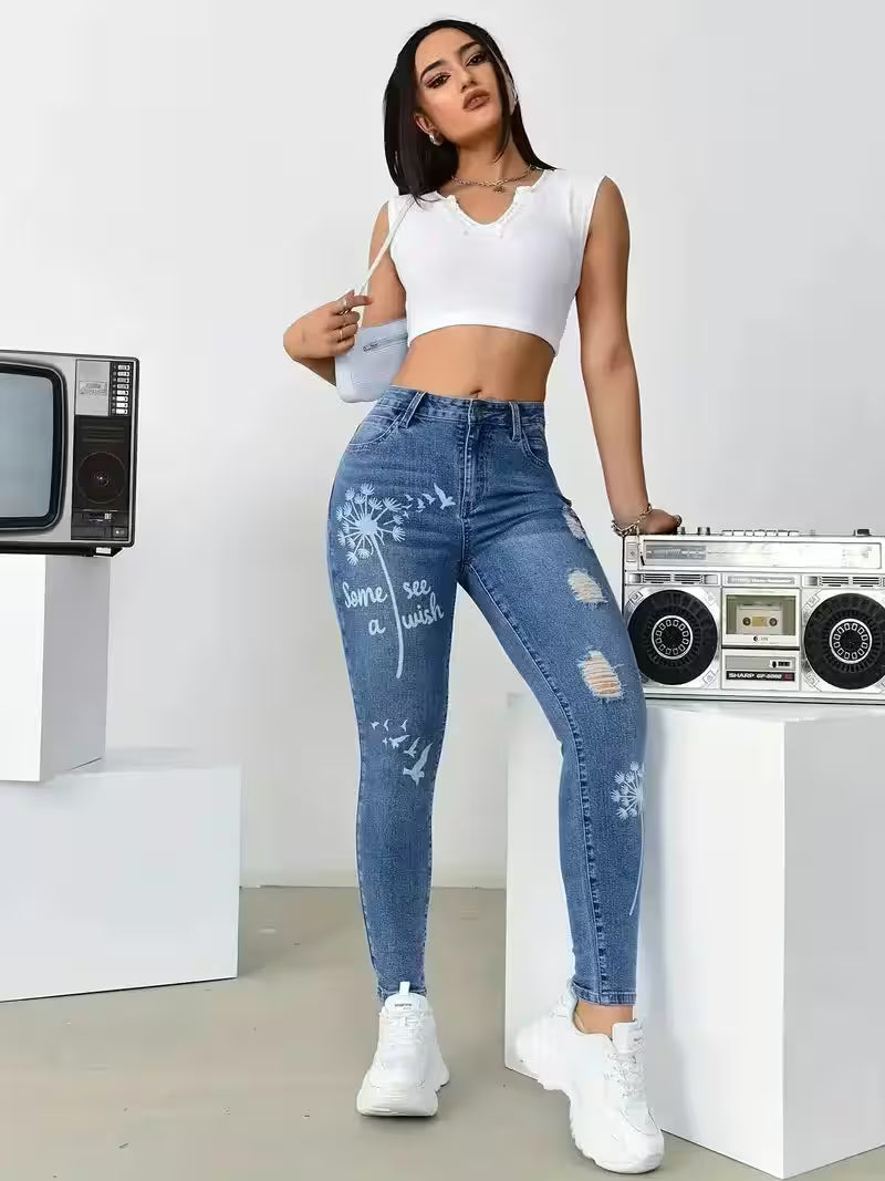Bottoms - Stretch Trousers Slim Fit Jeans Print Flower Casual Fashion