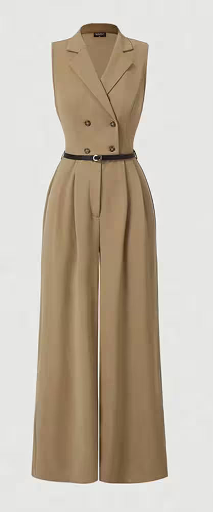 Bottoms - Jumpsuits Sleeveless Solid Color Lapel