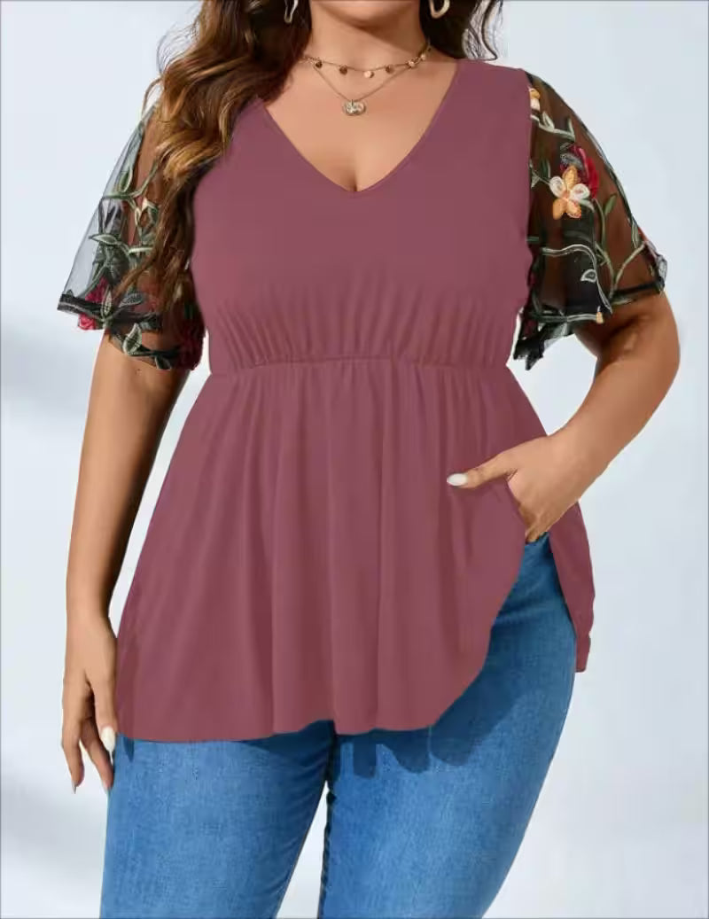 Plus Size  V-neck Casual Mesh T-shirt - Women's Fashion - View 3