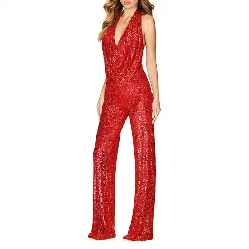 Sexy Folds Deep V-neck Sequin Jumpsuits Slim - Additional View 6