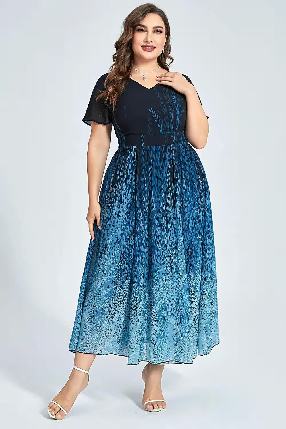 Plus Size Semi Formal Blue Chiffon Tunic Dress - Additional View 3