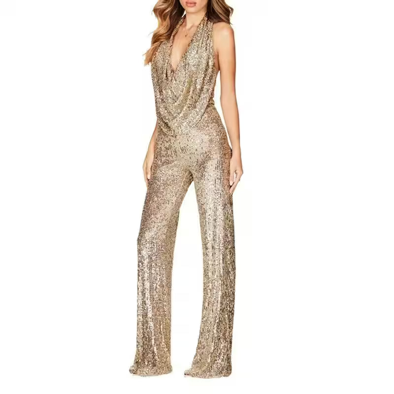 Sexy Folds Deep V-neck Sequin Jumpsuits Slim - Additional View 14